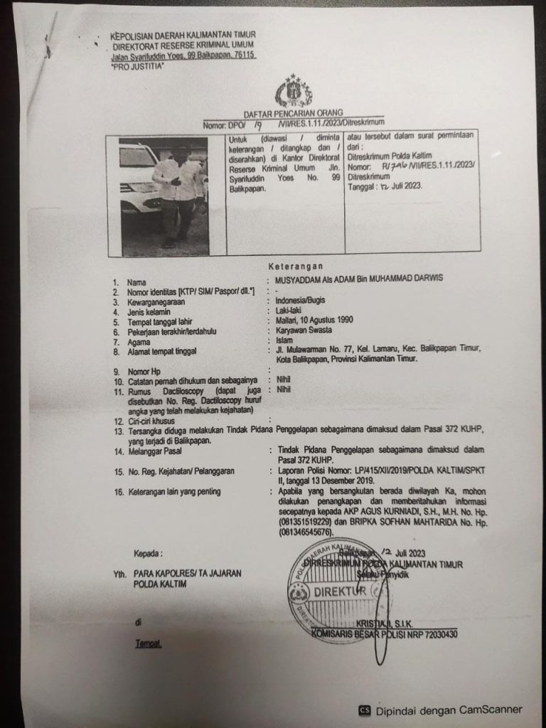 Polda Kaltim Mengeluarkan Daftar DPO Kasus Penggelapan